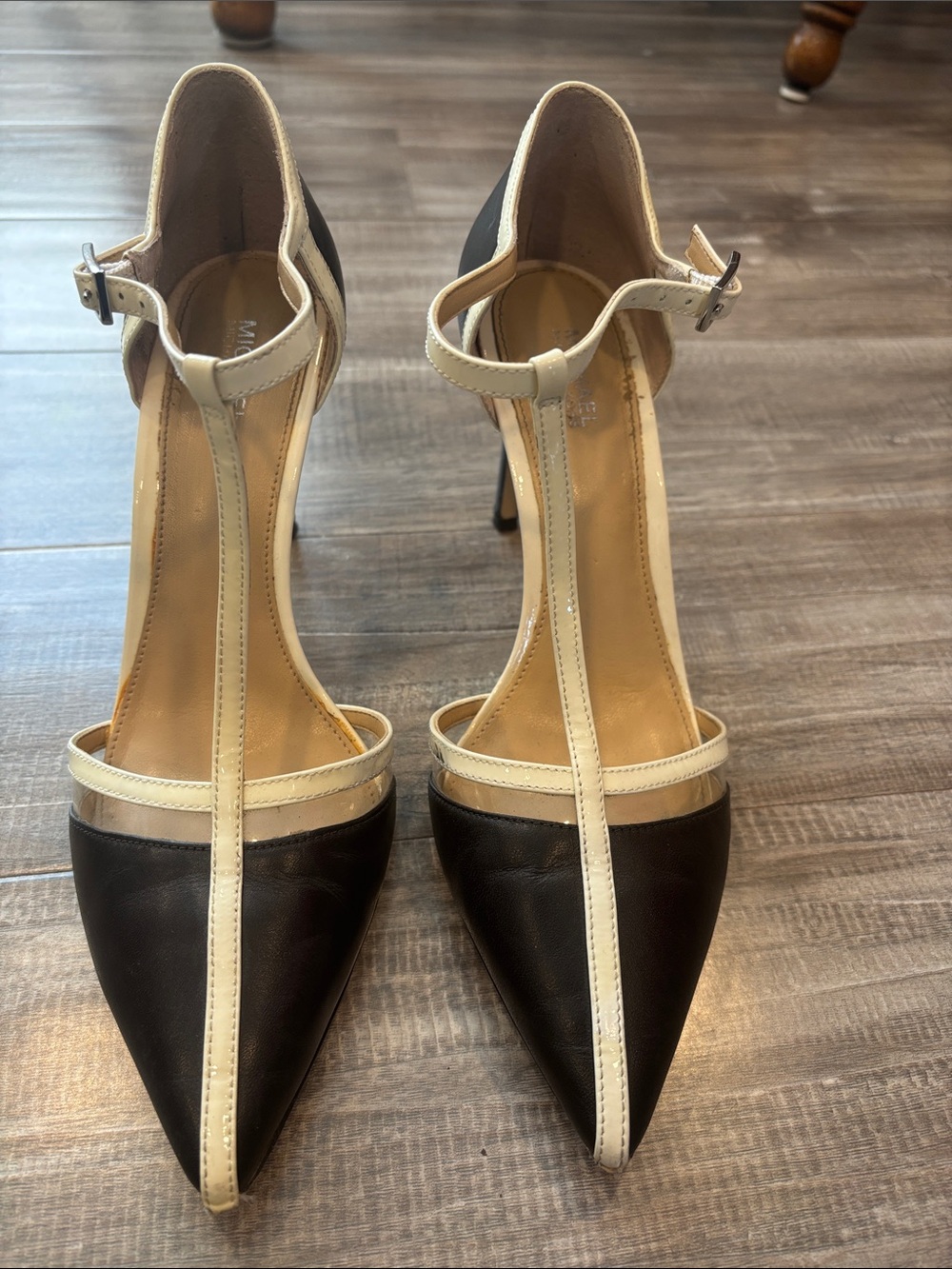 Michael Kors Two-Tone Black and White T-Strap Pointed Toe Heels